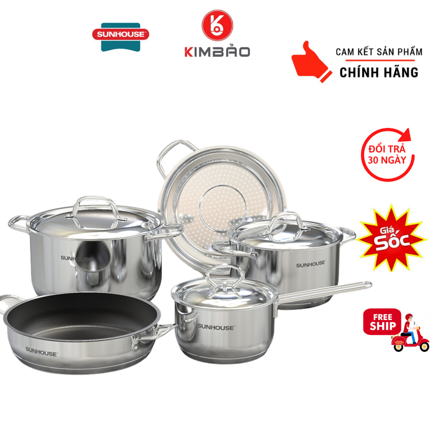 BỘ NỒI CHẢO INOX 5 ĐÁY SUNHOUSE SHG995 CHÍNH HÃNG