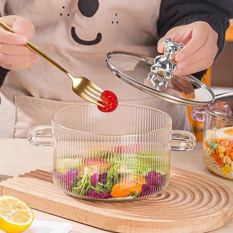 Nồi thủy tinh cao cấp chịu nhiệt độ cao với núm gấu Bear siêu xinh