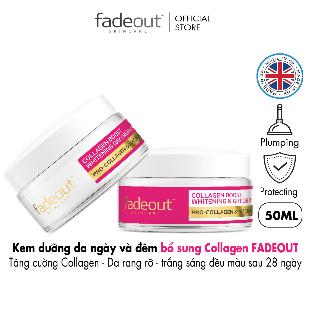Kem dưỡng trắng da ngày và đêm bổ sung Collagen FADEOUT, Anh Quốc, làn da săn chắc, rạng rỡ, trắng sáng sau 28 ngày 50ml