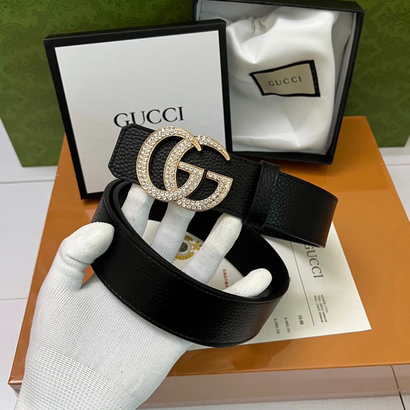 Thắt lưng da nam da PU dây đen sần mặt đúc chữ GG đính đá vàng bạc kiểu dáng đơn giản sang trọng TL12P