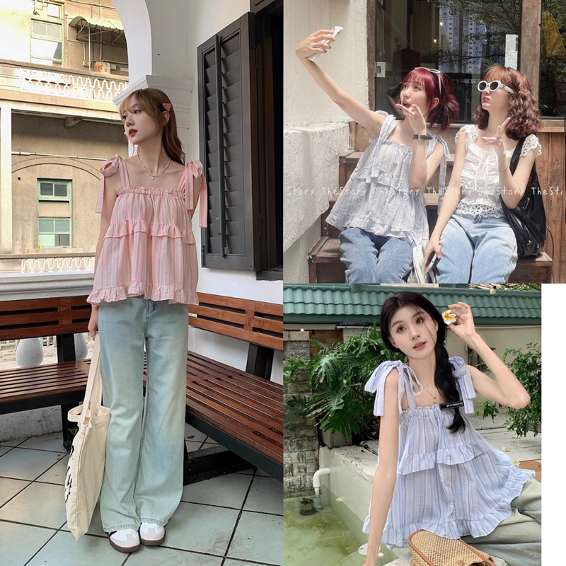 [NEW]ÁO 2S THÔ ĐŨI THẮT NƠ VAI HOẠ TIẾT KẺ SỌC tông màu pastel siêu xinh