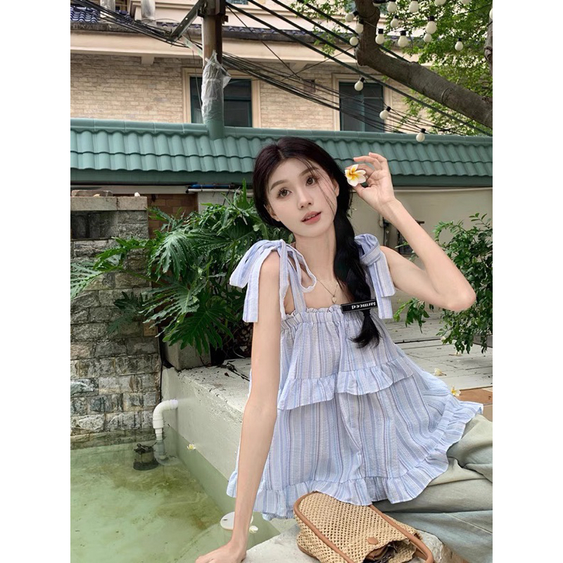 [NEW]ÁO 2S THÔ ĐŨI THẮT NƠ VAI HOẠ TIẾT KẺ SỌC tông màu pastel siêu xinh