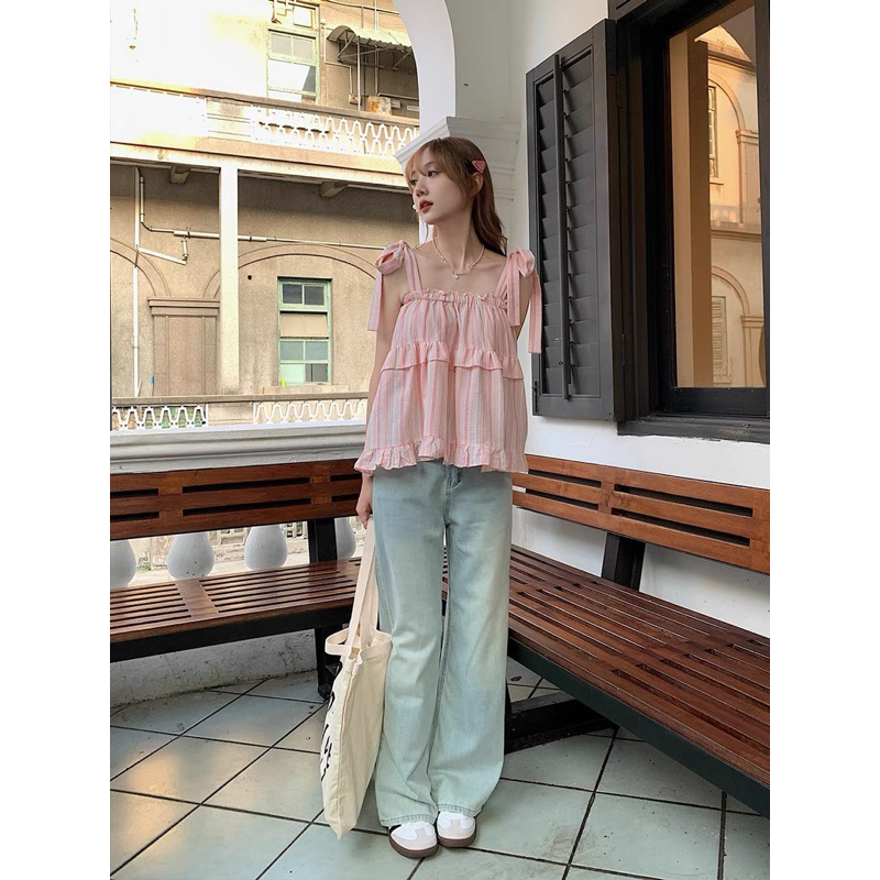 [NEW]ÁO 2S THÔ ĐŨI THẮT NƠ VAI HOẠ TIẾT KẺ SỌC tông màu pastel siêu xinh