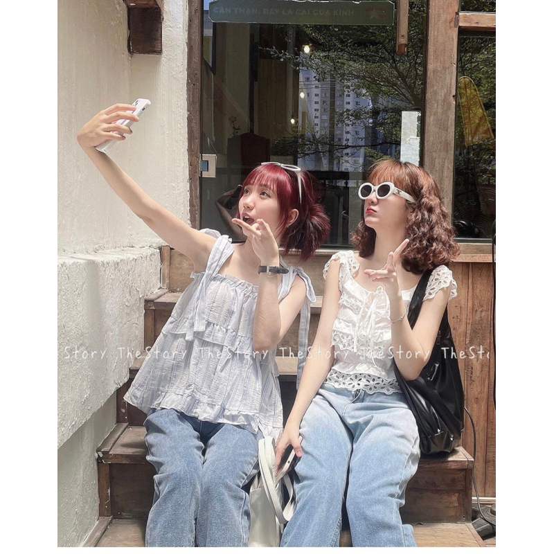 [NEW]ÁO 2S THÔ ĐŨI THẮT NƠ VAI HOẠ TIẾT KẺ SỌC tông màu pastel siêu xinh