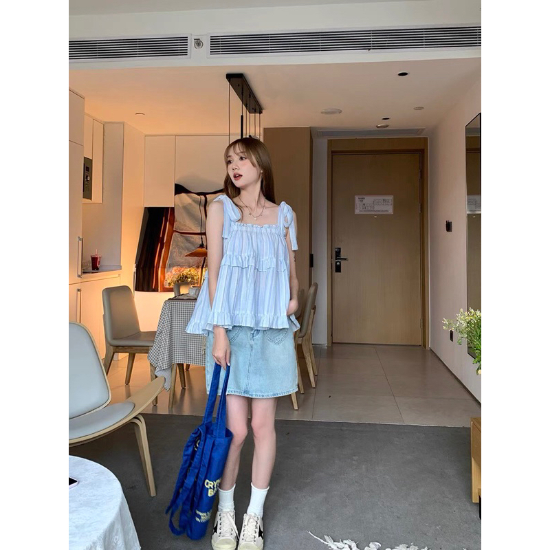 [NEW]ÁO 2S THÔ ĐŨI THẮT NƠ VAI HOẠ TIẾT KẺ SỌC tông màu pastel siêu xinh