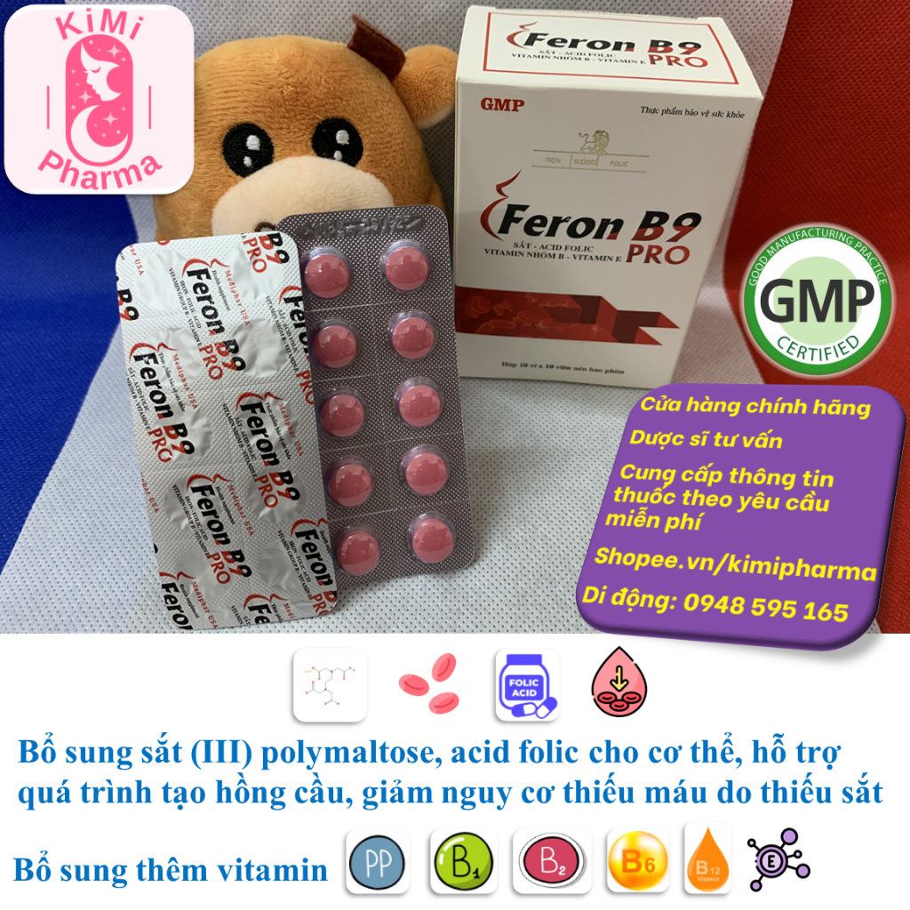 Sắt polymaltose Feron B9 Pro thêm axít folic,vitamin B1,B2,PP,B6,B12,E - Hộp 100 viên nén bao phim