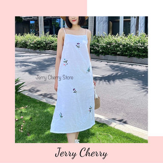 Đầm hai dây linen dáng suông thêu hoa