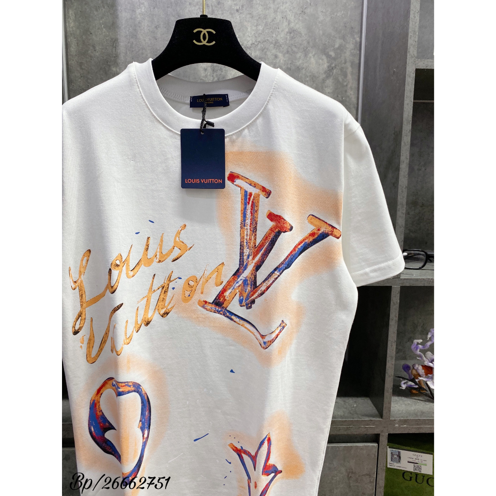 Áo phông LV hoa lá cành phối Màu họa tiết 3D 2 màu đen trắng  - Áo lv nam nữ siêu cấp vải cotton mịn