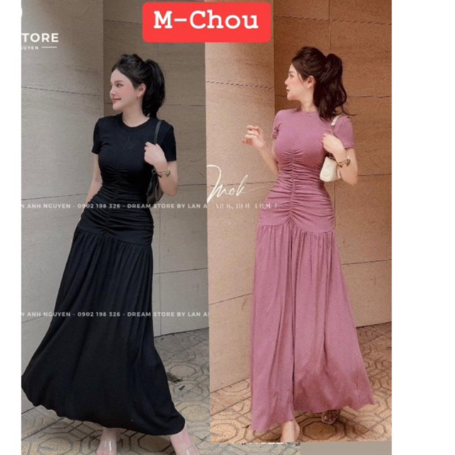 Váy maxi cổ tròn M-Chou nhún eo sang chảnh