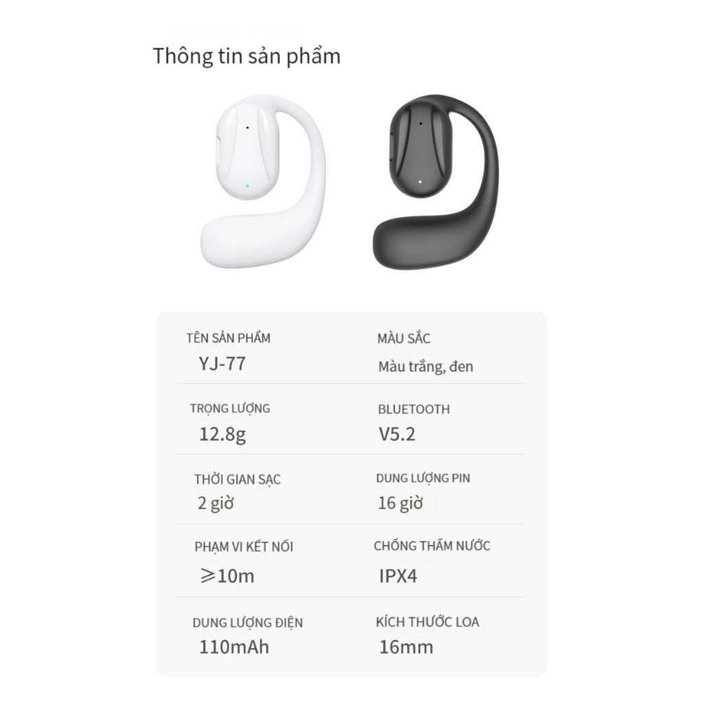 Tai nghe Bluetooth, Tai nghe treo tai truyền âm qua xương không nhét tai âm Bass mạnh mẽ Micro HD khử tiếng ồn- YJ77