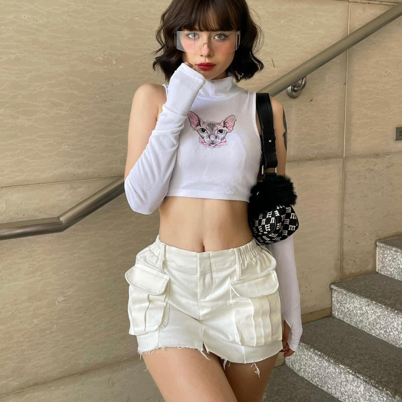 Quần váy mini jean thun trắng phong cách Y2K