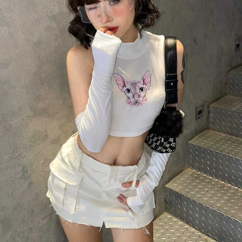 Quần váy mini jean thun trắng phong cách Y2K