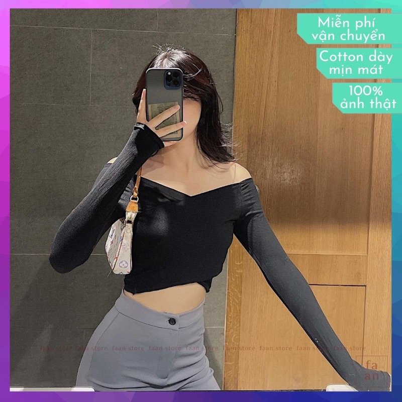 Áo croptop nữ đắp chéo eo tay dài, Áo kiểu ôm body chất cotton xuất dày mịn TNGER