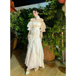 Đầm maxi vải tơ lụa phối hoa