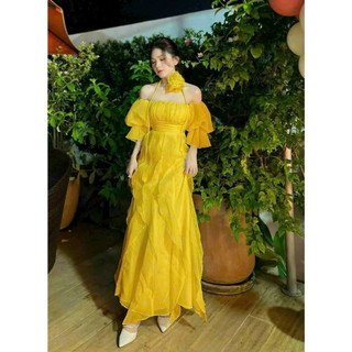 Đầm maxi vải tơ lụa phối hoa