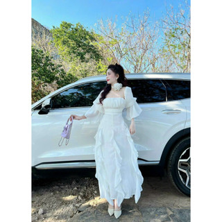 Đầm maxi vải tơ lụa phối hoa