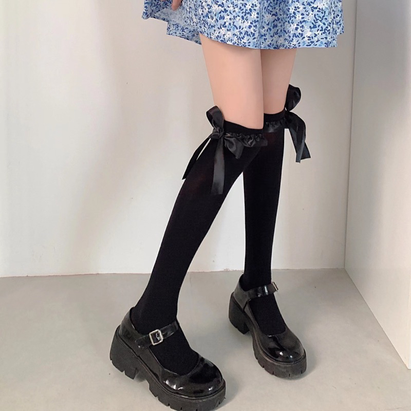 Tất bắp chân nữ đính nơ to phong cách lolita đáng yêu tất vớ nữ cổ cao siêu co giãn, tất cổ cao nơ ruy băng JK cosplay