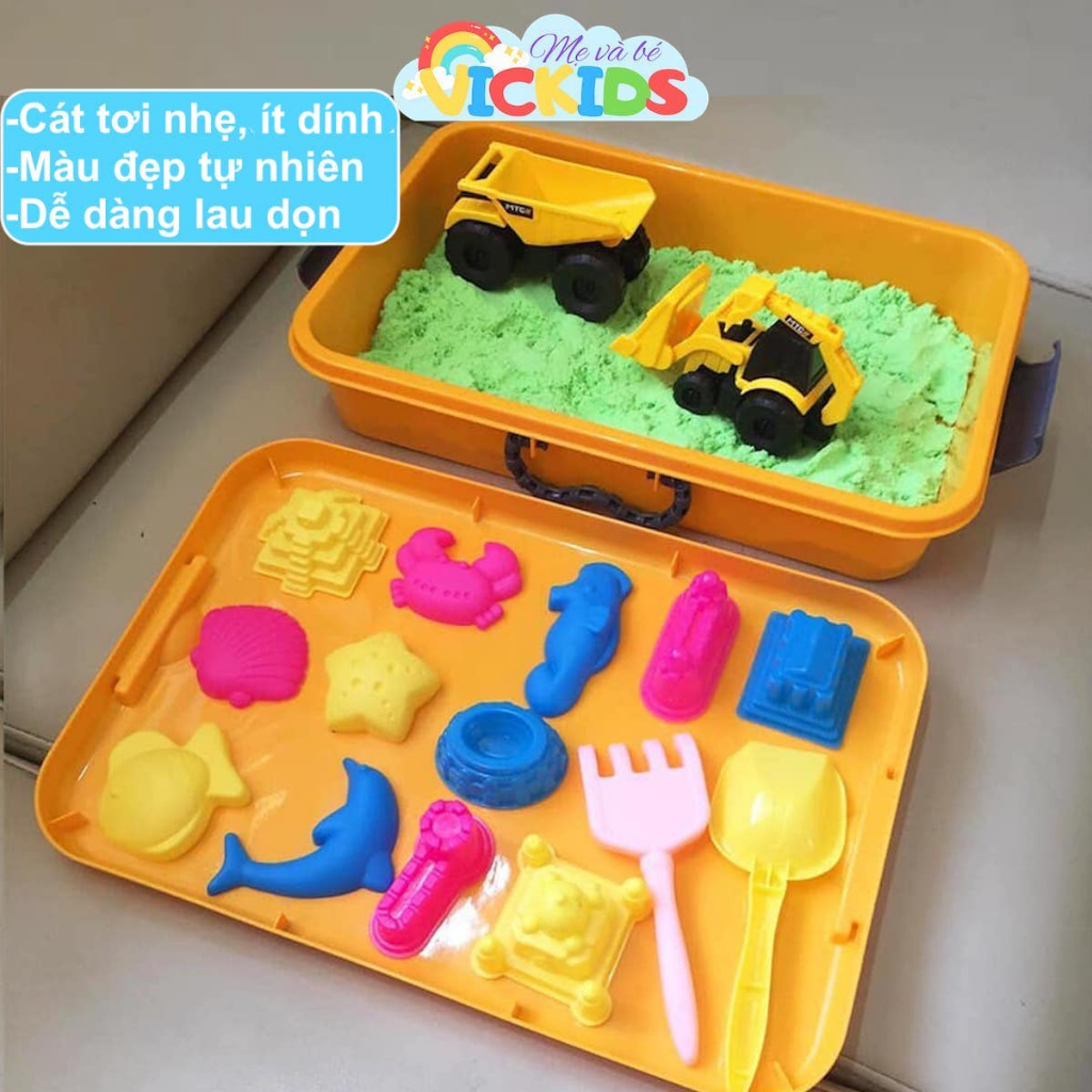 Cát Động Lực, Cát Nặn Sinh Học Không Dính Tay Cho Bé, Kèm 2 Bịch Cát, 2 Xe Công Trình, Xẻng và Khuôn Đúc