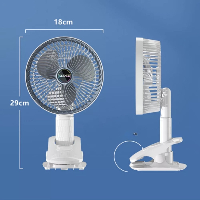 Quạt Kẹp Bàn Sạc Pin Tích Điện Super, Quạt Tích Điện Để Bàn Tiện Dụng 3 Tốc Độ Gió Làm Mát, Có Giá Đỡ Điện Thoại