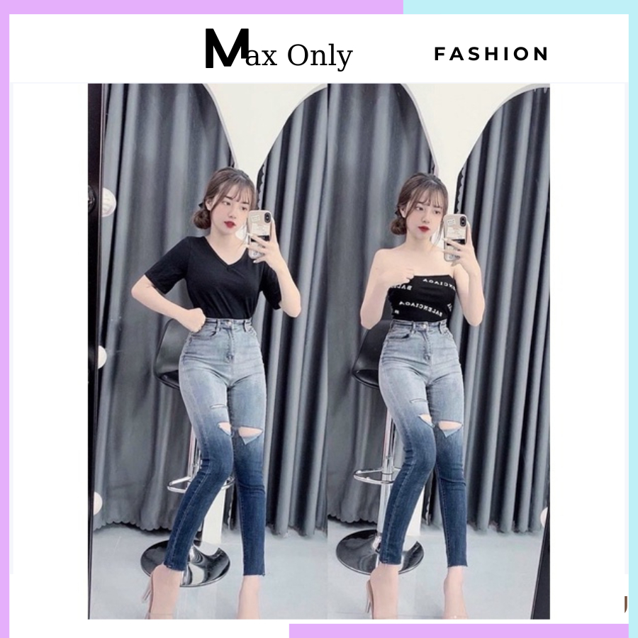 Quần jeans nữ baggy rách cạp cao may gấu, quần bò rách nữ màu đẹp chất xịn sò MAX ONLY