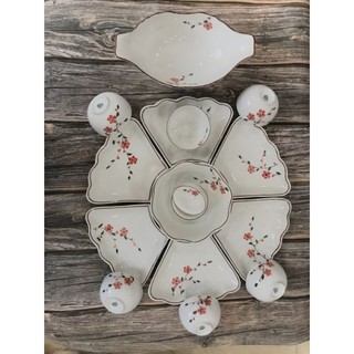 Bộ bát đĩa hoa mặt trời vẽ hoa đào hồng.Hàng sứ Bát Tràng.