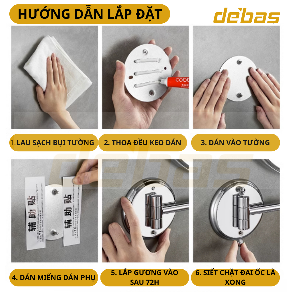 Gương xoay trang điểm cạo râu gắn tường dán tường gương phóng to hai mặt khách sạn cao cấp Debas