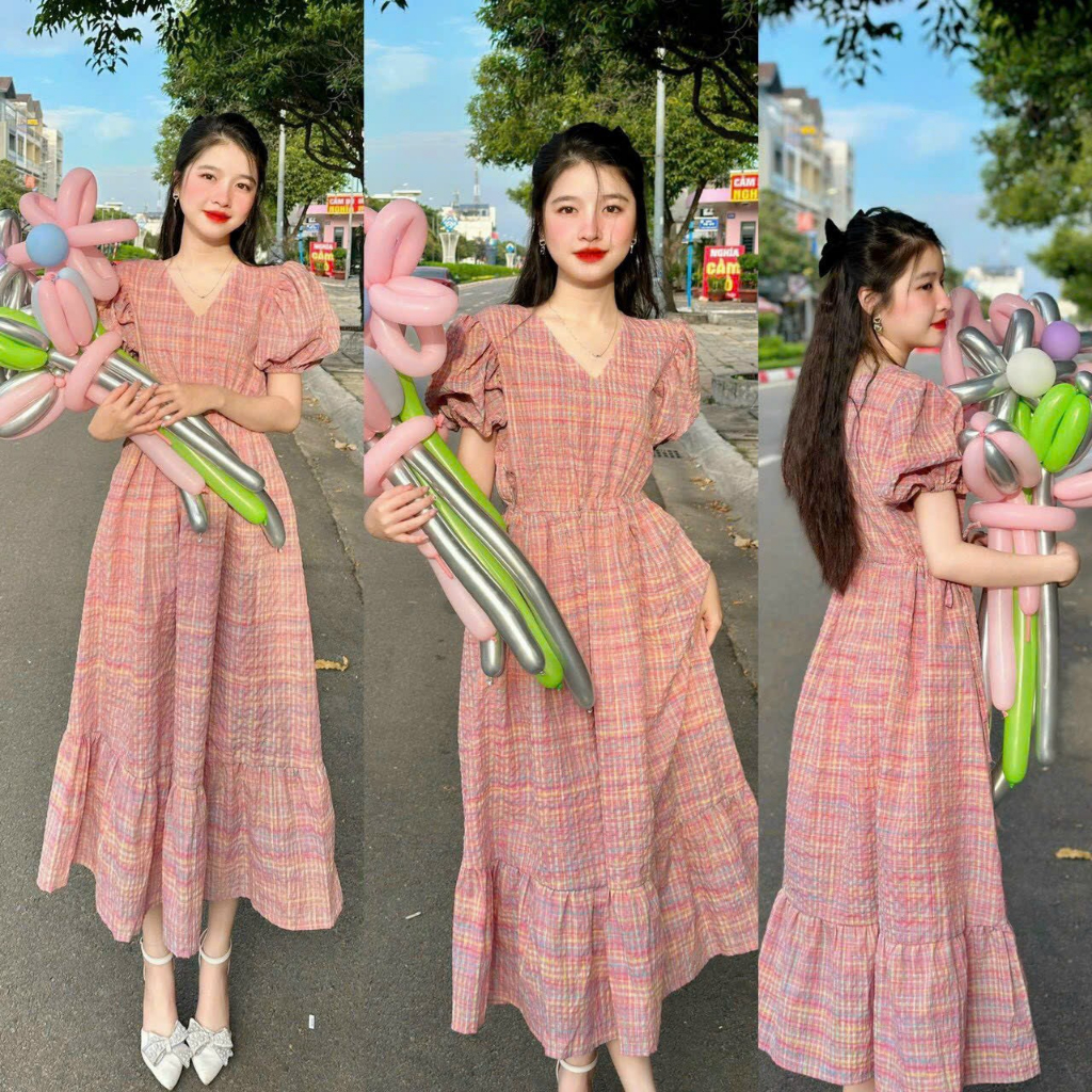 Đầm Maxi Dáng Dài Đi Biển, Váy Đầm Caro Hồng Midi Nữ Cổ V Tay Bồng Đuôi Cá Thiết Kế Đi Chơi Đi Tiệc