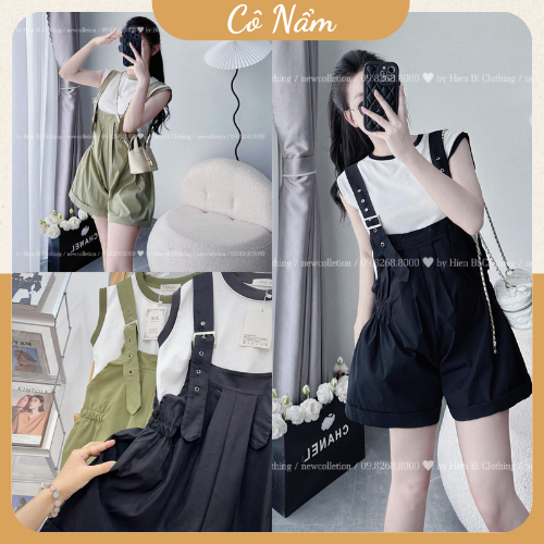 Set Bộ Quần Yếm Nữ Áo Phông Nữ Màu Trắng Mix Quần Đùi Yếm Chun Eo Freesize