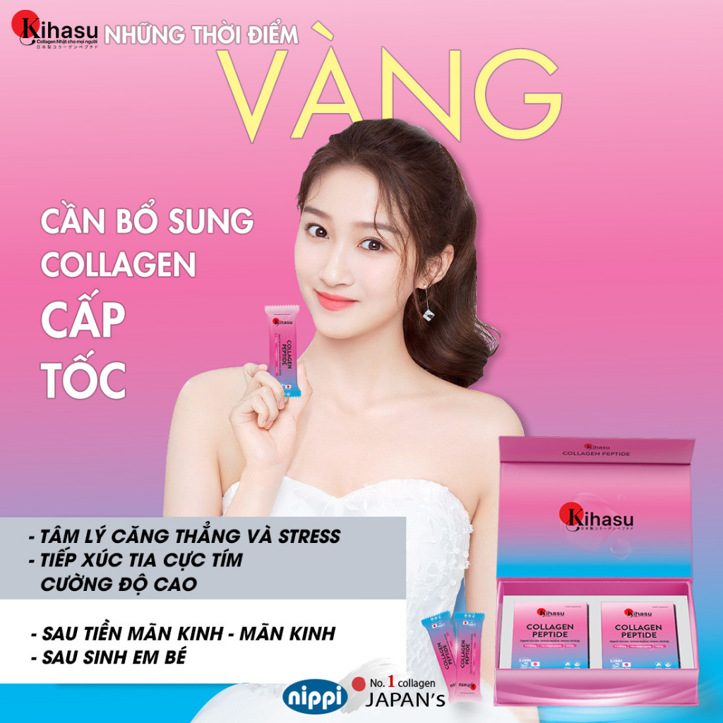 Bột collagen kihasu cao cấp: nhập khẩu collagen peptide từ Nippi Nhật Bản ( 2 hộp 20 gói x 5gram) sử dụng 20 ngày