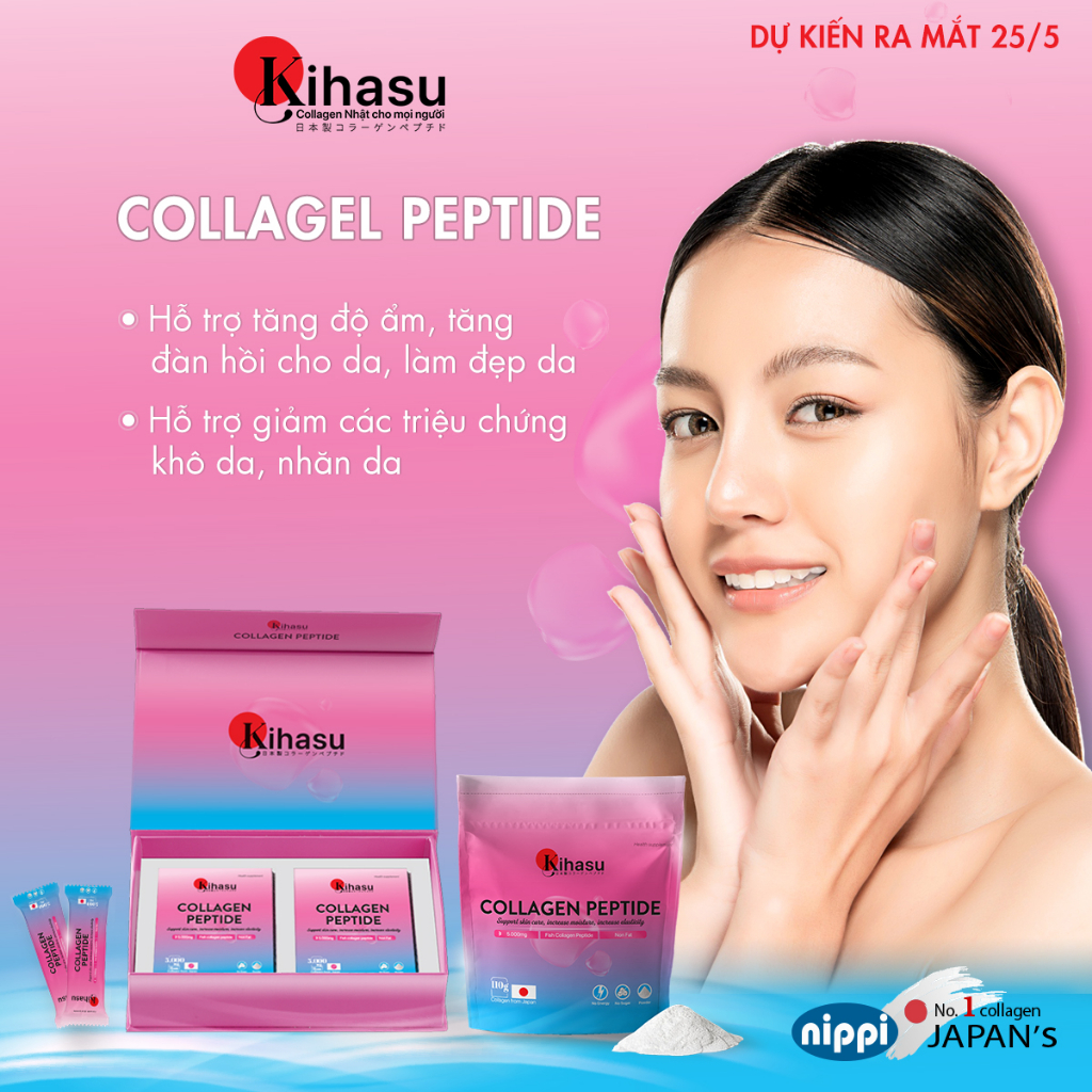 Bột collagen kihasu cao cấp: nhập khẩu collagen peptide từ Nippi Nhật Bản ( 2 hộp 20 gói x 5gram) sử dụng 20 ngày