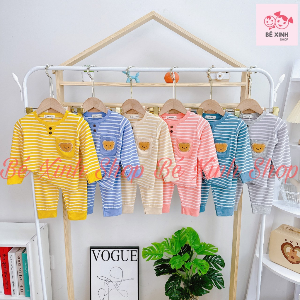 Đồ Bộ Thun Lạnh Dài Tay Cho Trẻ Em Trai Gái 8-18kg Bé_Xinh_Shop[Siêu Hot] Bộ Quần Áo Tay Dài Cho Bé Trai Gái DÀI SỌC GẤU