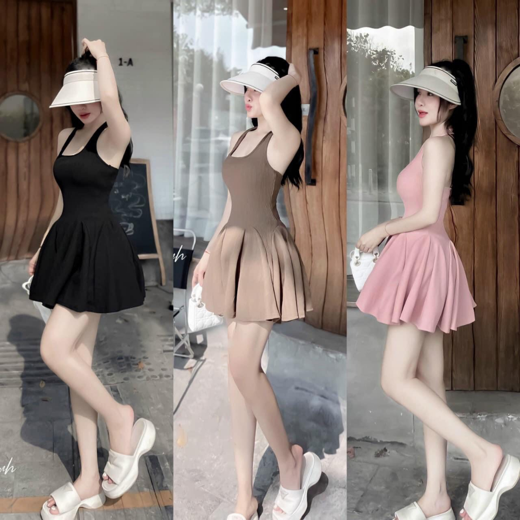 Váy Liền Thân Body Cổ Yếm Dáng Ngắn Xòe Đuôi Cá Kèm Quần Đùi Trong Chất Len Tăm Co Giãn Thấm Hút Tốt VP88430