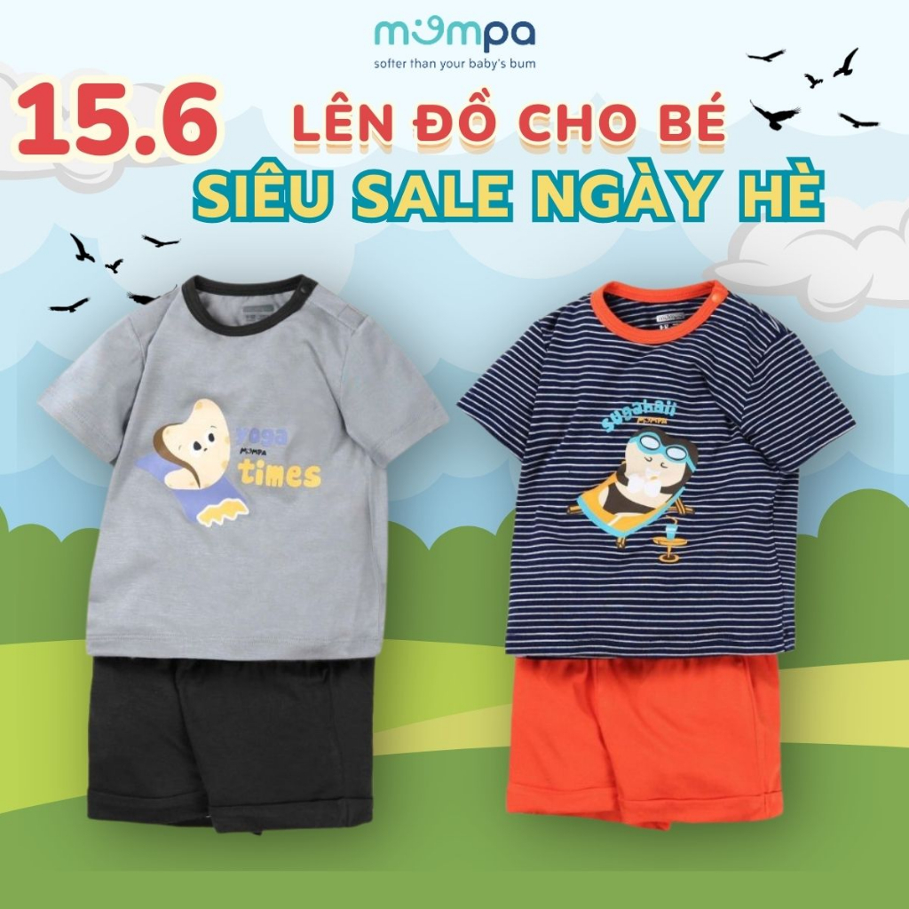 Bộ quần áo cộc tay cho bé Mompa 9 tháng - 4 tuổi vải Modal cài vai thoáng mát co giãn thấm hút 223