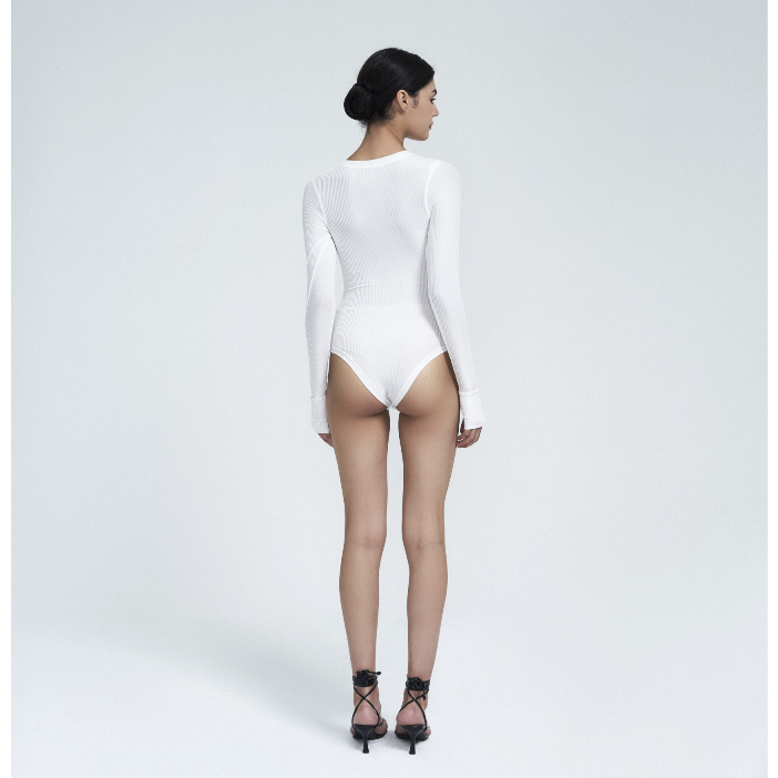 Bodysuit nữ tay dài, màu trắng, là min - WHITE CUT-OUT BODYSUIT