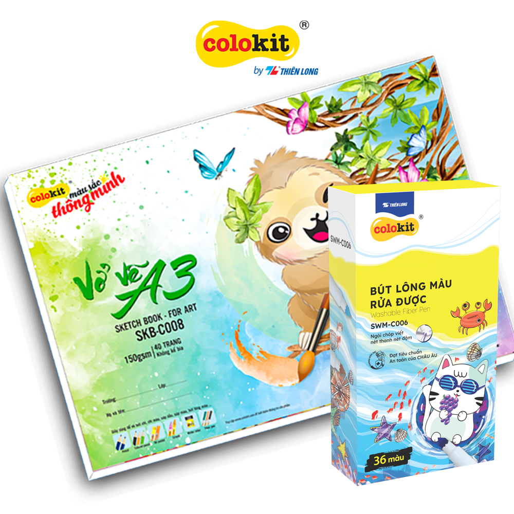 Combo 36 Bút lông màu Fiber Pen và Vở vẽ Colokit Thiên Long