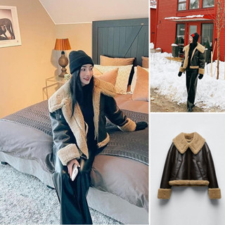 (2 MÀU) ÁO KHOÁC BIKER DA ZRA XUẤT NỮ ĐẠI HÀN LÓT LÔNG CỪU MỊN SIÊU DÀY CỔ BẺ MÀU NÂU ĐEN - 2969/257