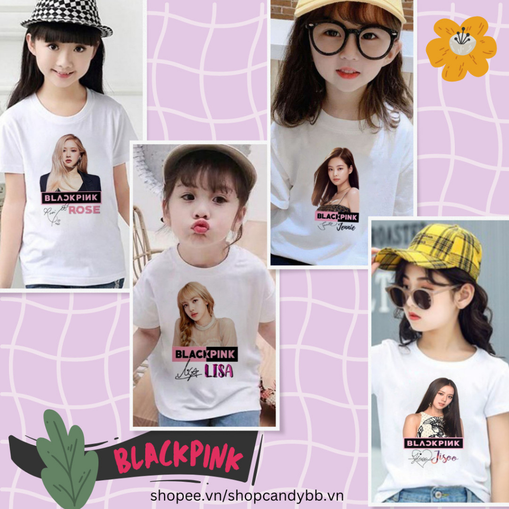 Áo thun BlackPink, in hình từng thành viên. Nhóm nhạc nữ Black Pink, Size 10 - 65kg cho trẻ em