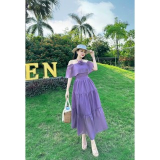 Đầm thời trang nữ mặc đi chơi chất liệu voan áo trễ vai cổ có dây cài bông hồng đầm 3 tần lịch lãm