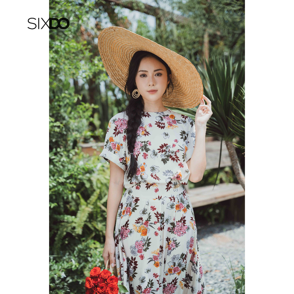 Chân váy hoa lụa dáng xòe xếp li to thời trang SIXDO (Cream Floral Midi Silk Skirt)