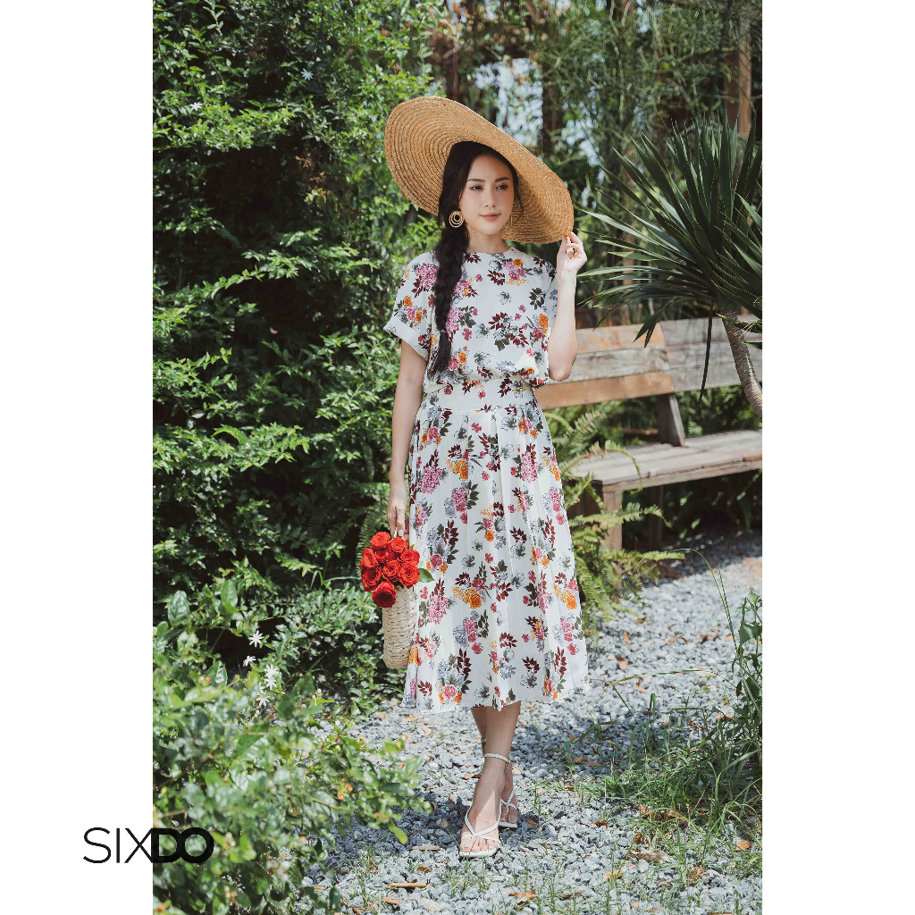 Chân váy hoa lụa dáng xòe xếp li to thời trang SIXDO (Cream Floral Midi Silk Skirt)