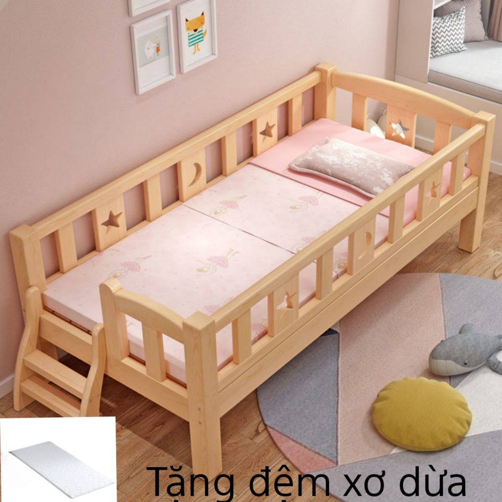 [Tặng đệm] Giường ngủ trẻ em bằng gỗ, giường ngủ cho bé 0 - 10 tuổi chất liệu gỗ thông có cầu thang lên xuống giường