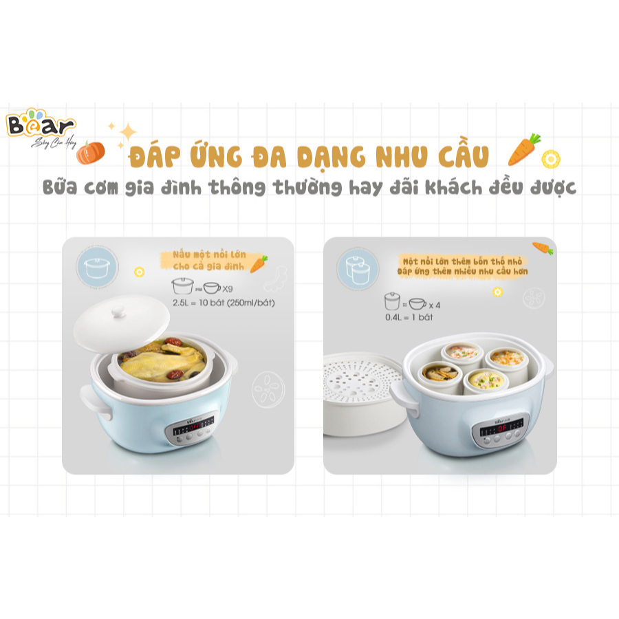 COMBO Nồi nấu cháo chậm 2.5L Bear SUBE003+ Máy xay ăn dặm thực phẩm mini đa năng 0.6L QSJ D02Q1, Hnagf Chính Hãng,BH 12T