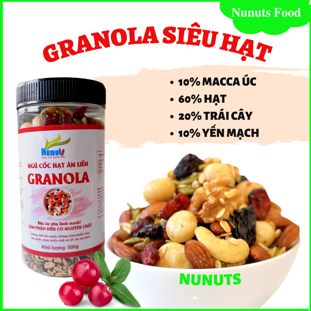 Granola siêu hạt macca Úc Nunuts với 10%yến mạch là loại ngũ cốc ăn liền dành cho bà bầu, người giảm tăng cân.