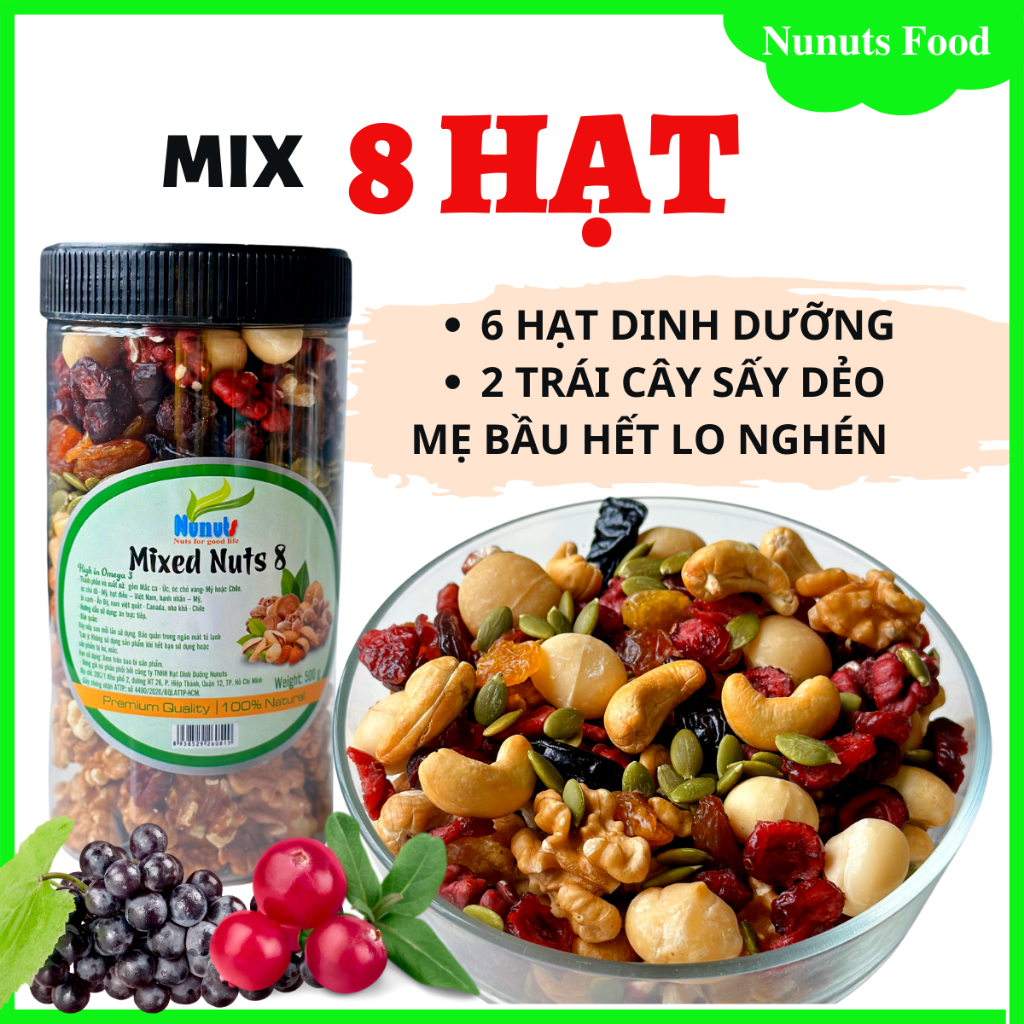500G Hạt dinh dưỡng mix 8 loại Nunuts, hạt ngũ cốc dinh dưỡng cho bà bầu, ăn kiêng, giảm cân có phần loại nướng mật ong
