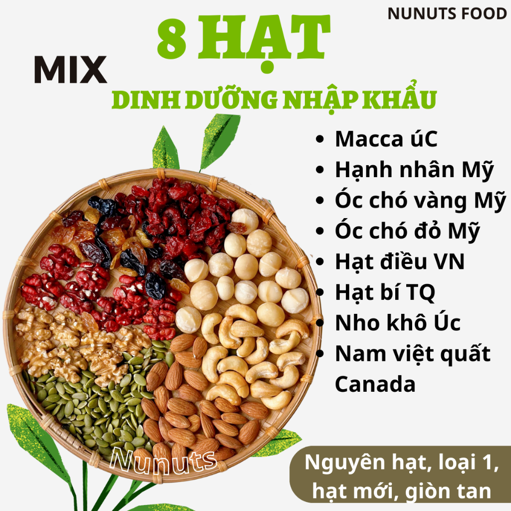 500G Hạt dinh dưỡng mix 8 loại Nunuts, hạt ngũ cốc dinh dưỡng cho bà bầu, ăn kiêng, giảm cân có phần loại nướng mật ong
