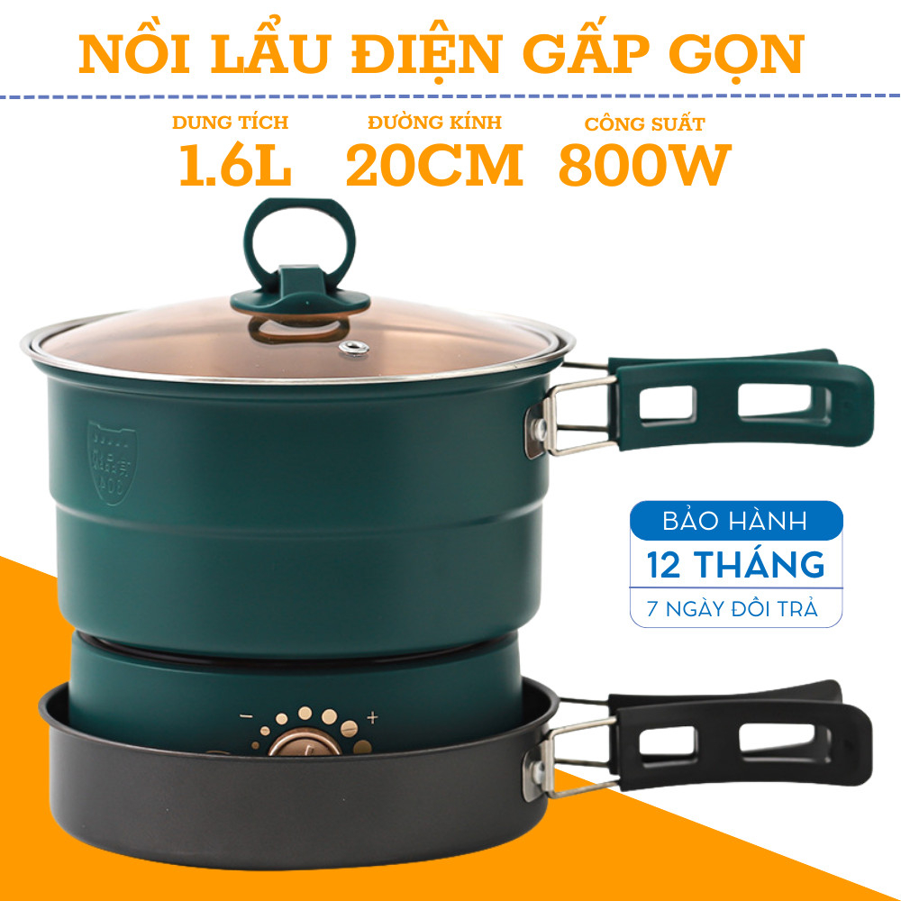 Nồi Điện Đa Năng Kèm Chảo Chống Dính Công Suất 500W, Có Tay Cầm Gấp Gọn Khay Hấp Mang Đi Du Lịch, Dã Ngoại