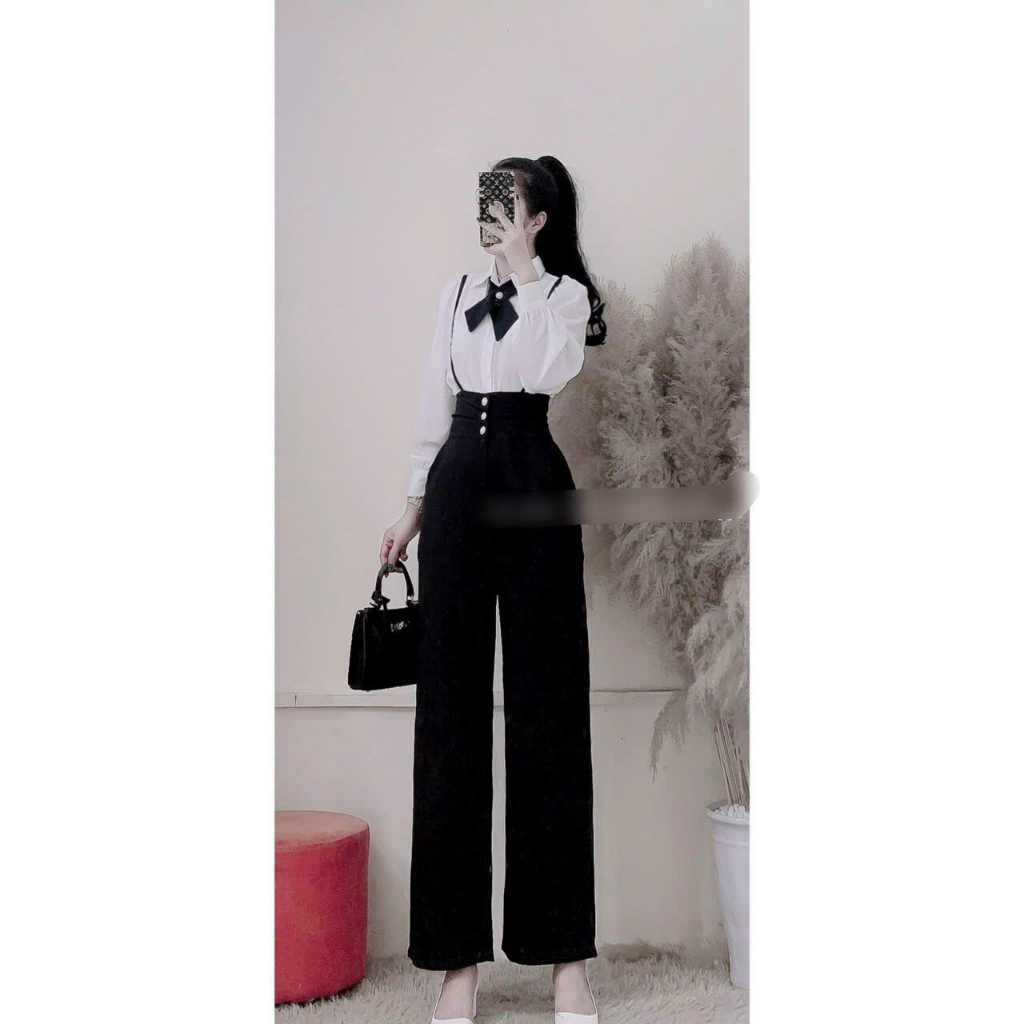 Set Quần Tây Phối Áo Sơ Mi Kèm Nơ Cao Cấp, Chất Lụa Dày, Không Nhăn, Thấm Hút Mồ Hôi, Phong Cách Công Sở