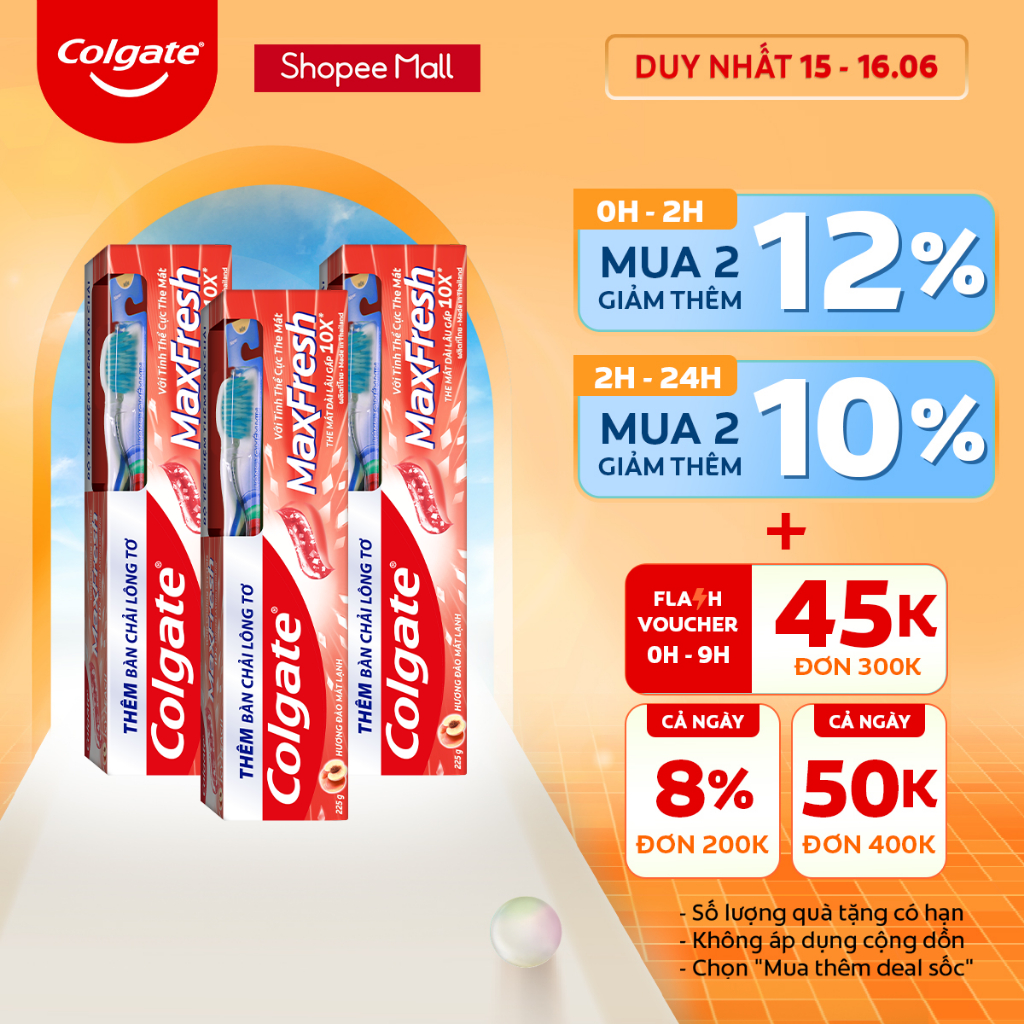 Bộ 3 Kem đánh răng Colgate MaxFresh Hương Đào Mát Lạnh 225g tặng kèm bàn chải