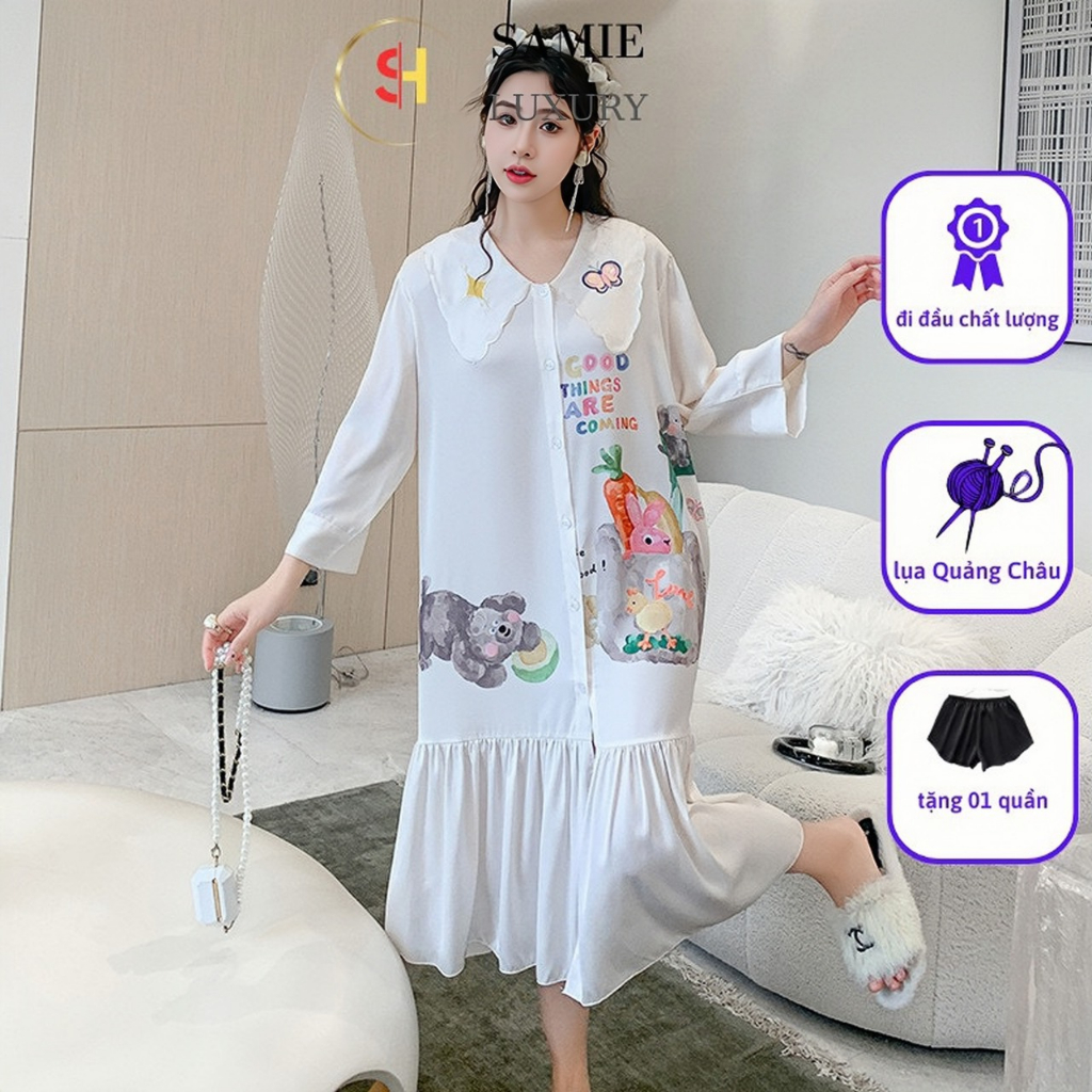 Đầm Ngủ Sơ Mi Váy Tiểu Thư Lụa Hàng Quảng Châu Cao Cấp Samie.
