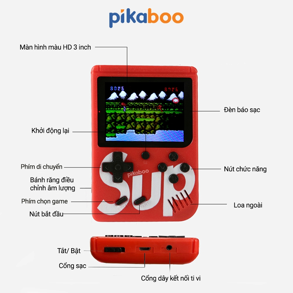 Máy game cầm tay 400 trò chơi kinh điển Pikaboo có kết nối TV màn hình sắc nét âm thanh sống động nút bấm mượt